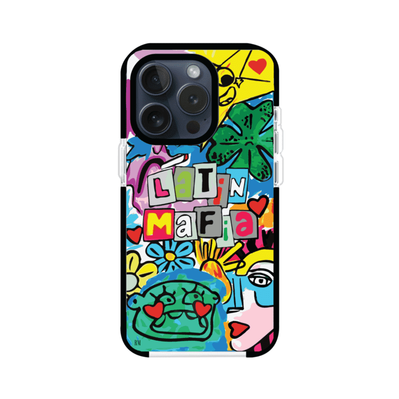 Funda para iPhone con diseño colorido de Latin Mafia, estilo arte pop. Incluye ilustraciones vibrantes, corazones, sol sonriente y tipografía tipo collage. Ideal para fans del grupo y la música urbana. Producto de Remark Mx