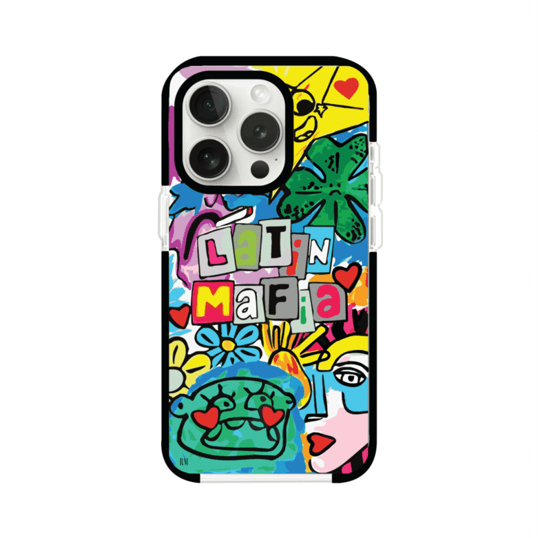 Funda para iPhone con diseño colorido de Latin Mafia, estilo arte pop. Incluye ilustraciones vibrantes, corazones, sol sonriente y tipografía tipo collage. Ideal para fans del grupo y la música urbana. Producto de Remark Mx