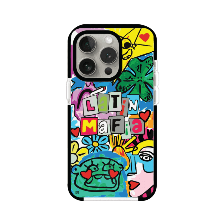 Funda para iPhone con diseño colorido de Latin Mafia, estilo arte pop. Incluye ilustraciones vibrantes, corazones, sol sonriente y tipografía tipo collage. Ideal para fans del grupo y la música urbana. Producto de Remark Mx