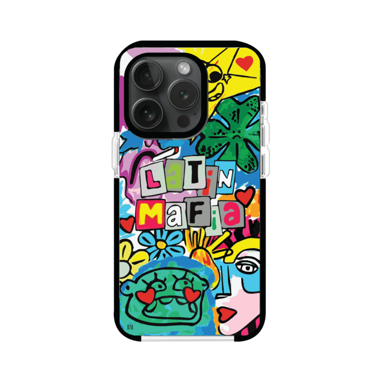 Funda para iPhone con diseño colorido de Latin Mafia, estilo arte pop. Incluye ilustraciones vibrantes, corazones, sol sonriente y tipografía tipo collage. Ideal para fans del grupo y la música urbana. Producto de Remark Mx