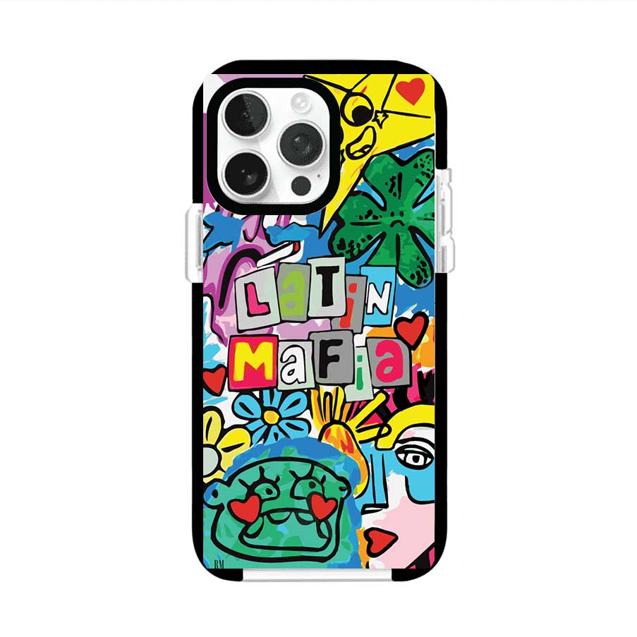 Funda para iPhone con diseño colorido de Latin Mafia, estilo arte pop. Incluye ilustraciones vibrantes, corazones, sol sonriente y tipografía tipo collage. Ideal para fans del grupo y la música urbana. Producto de Remark Mx