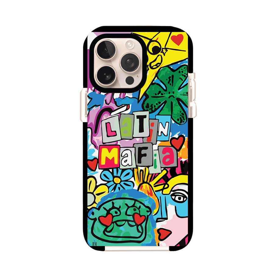 Funda para iPhone con diseño colorido de Latin Mafia, estilo arte pop. Incluye ilustraciones vibrantes, corazones, sol sonriente y tipografía tipo collage. Ideal para fans del grupo y la música urbana. Producto de Remark Mx