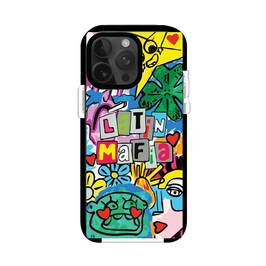 Funda para iPhone con diseño colorido de Latin Mafia, estilo arte pop. Incluye ilustraciones vibrantes, corazones, sol sonriente y tipografía tipo collage. Ideal para fans del grupo y la música urbana. Producto de Remark Mx