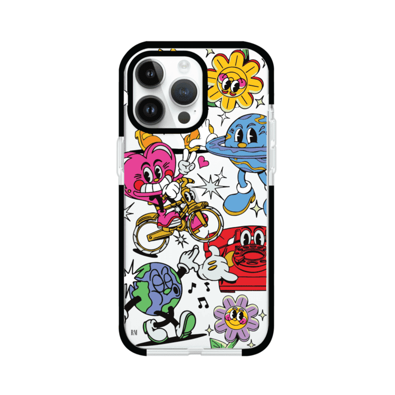Funda personalizada para iPhone con ilustraciones coloridas de estilo pop art, creada por Nelson Art; diseño con flores, planetas, manos y personajes animados, producto de Remark MX