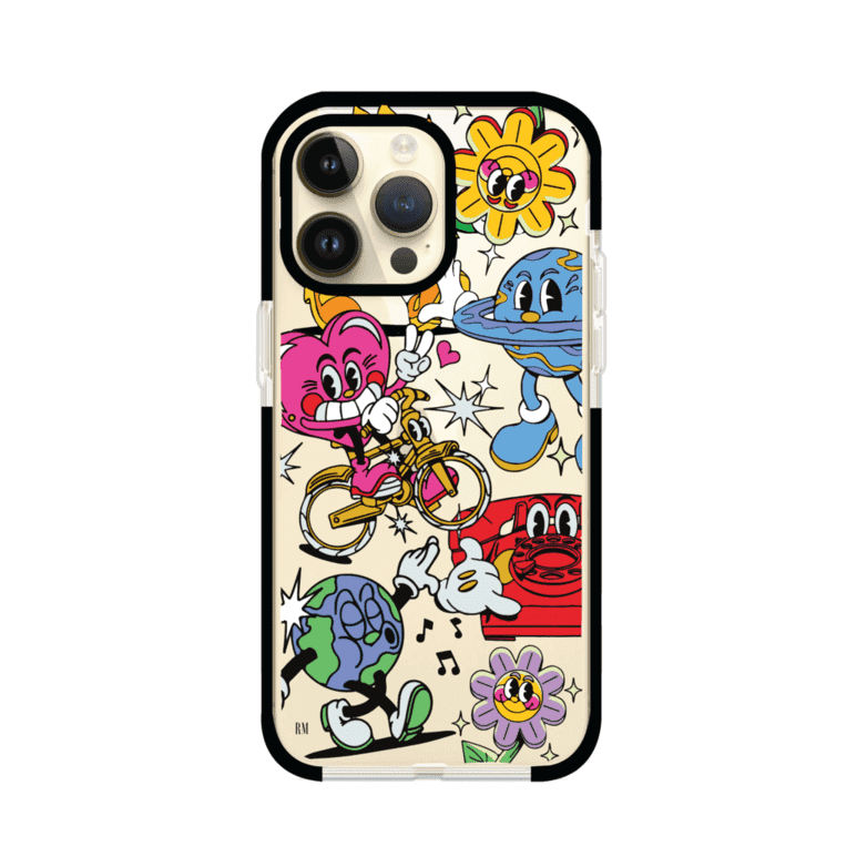Funda personalizada para iPhone con ilustraciones coloridas de estilo pop art, creada por Nelson Art; diseño con flores, planetas, manos y personajes animados, producto de Remark MX