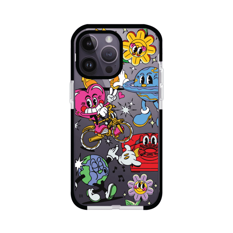 Funda personalizada para iPhone con ilustraciones coloridas de estilo pop art, creada por Nelson Art; diseño con flores, planetas, manos y personajes animados, producto de Remark MX