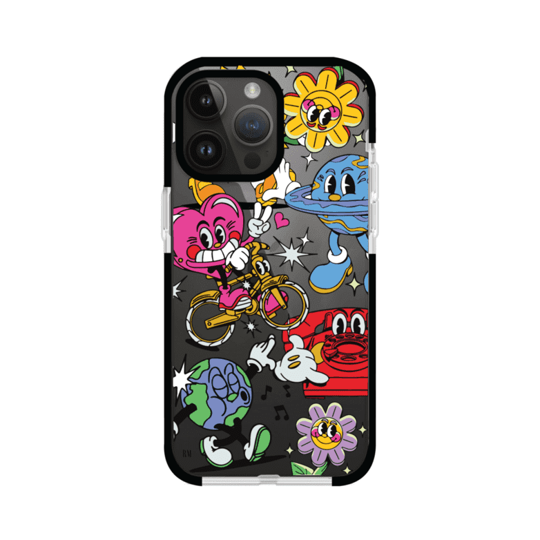 Funda personalizada para iPhone con ilustraciones coloridas de estilo pop art, creada por Nelson Art; diseño con flores, planetas, manos y personajes animados, producto de Remark MX