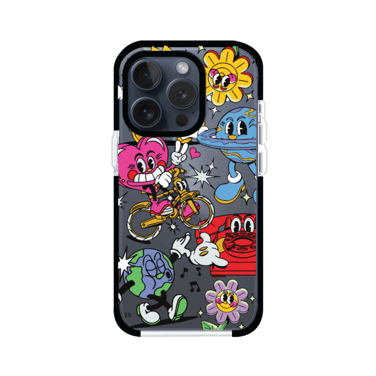 Funda personalizada para iPhone con ilustraciones coloridas de estilo pop art, creada por Nelson Art; diseño con flores, planetas, manos y personajes animados, producto de Remark MX