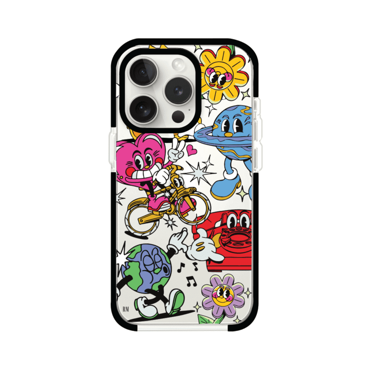 Funda personalizada para iPhone con ilustraciones coloridas de estilo pop art, creada por Nelson Art; diseño con flores, planetas, manos y personajes animados, producto de Remark MX