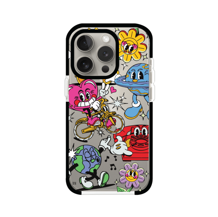 Funda personalizada para iPhone con ilustraciones coloridas de estilo pop art, creada por Nelson Art; diseño con flores, planetas, manos y personajes animados, producto de Remark MX