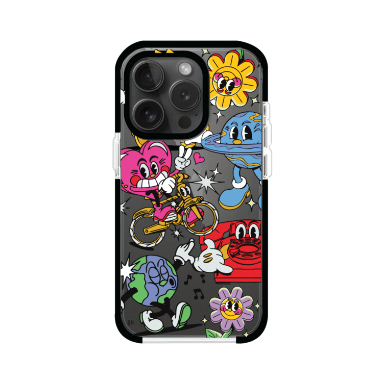 Funda personalizada para iPhone con ilustraciones coloridas de estilo pop art, creada por Nelson Art; diseño con flores, planetas, manos y personajes animados, producto de Remark MX