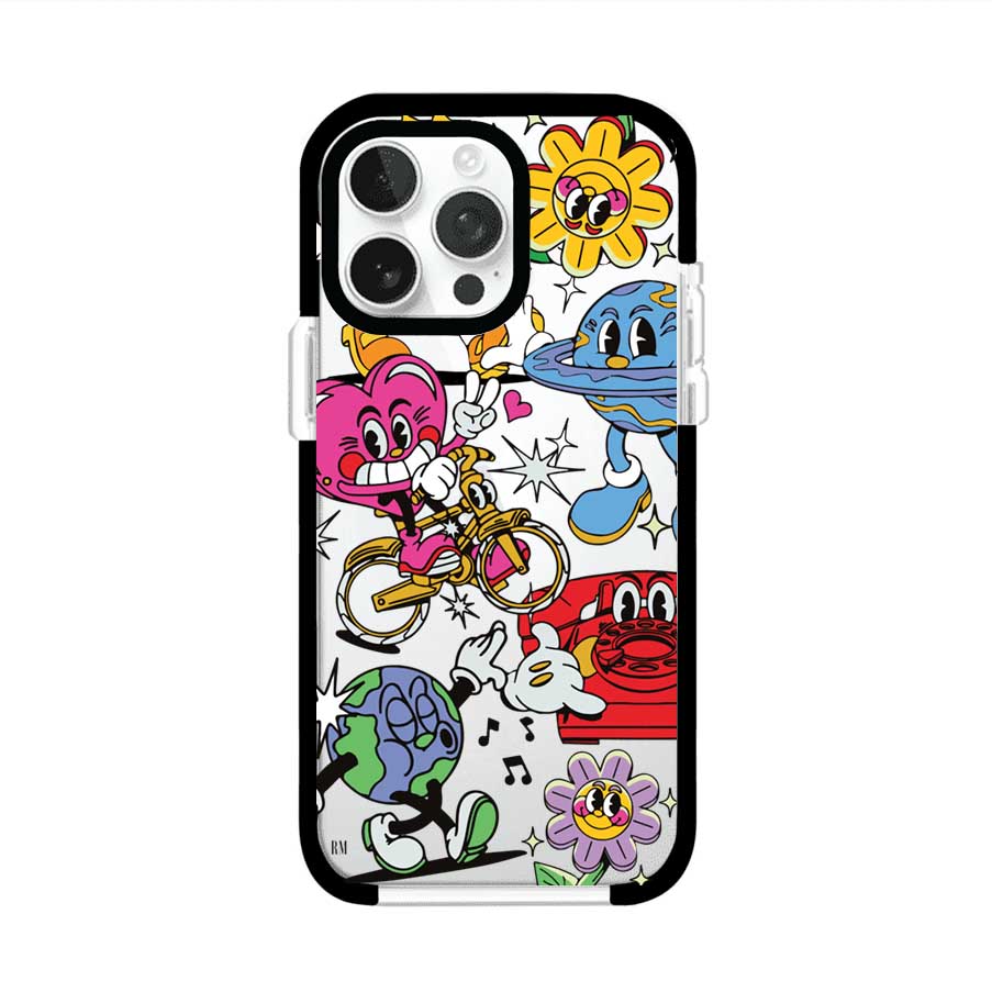 Funda personalizada para iPhone con ilustraciones coloridas de estilo pop art, creada por Nelson Art; diseño con flores, planetas, manos y personajes animados, producto de Remark MX