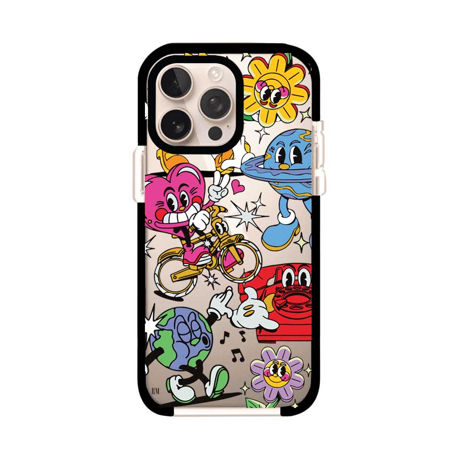Funda personalizada para iPhone con ilustraciones coloridas de estilo pop art, creada por Nelson Art; diseño con flores, planetas, manos y personajes animados, producto de Remark MX