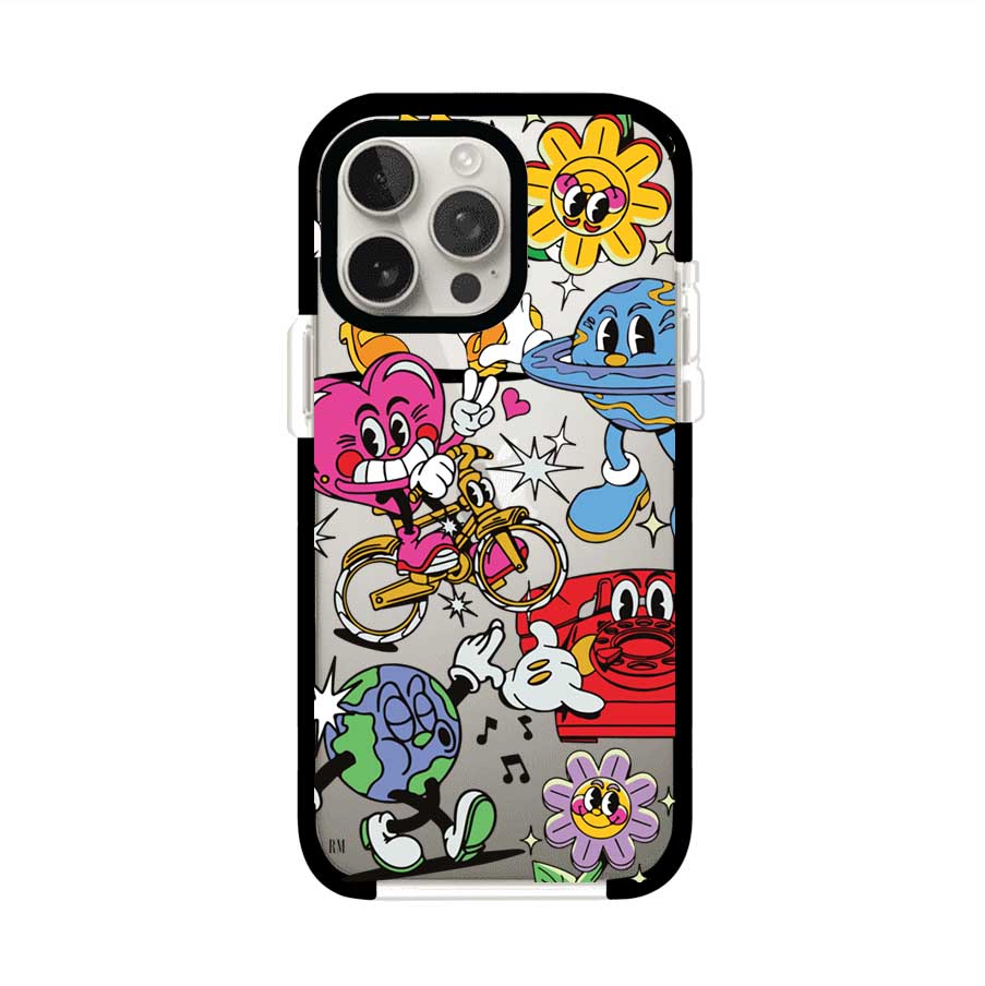 Funda personalizada para iPhone con ilustraciones coloridas de estilo pop art, creada por Nelson Art; diseño con flores, planetas, manos y personajes animados, producto de Remark MX