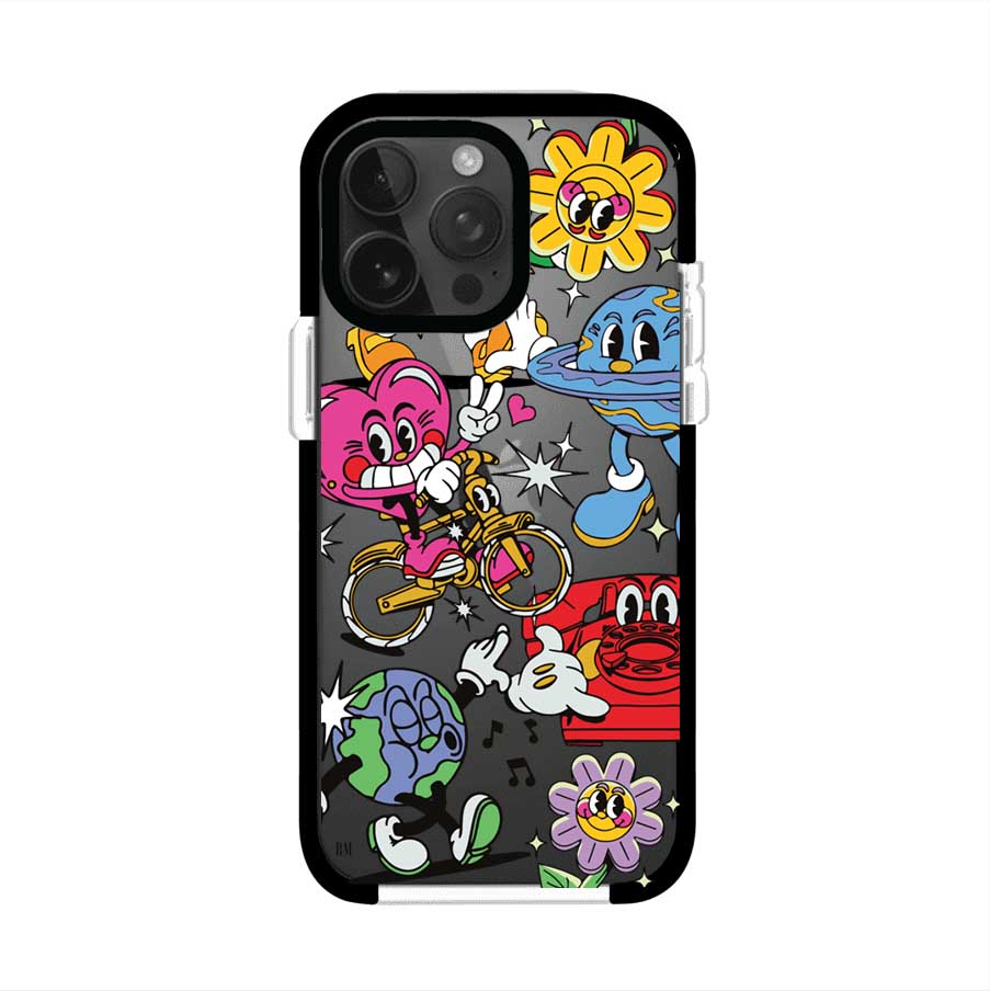 Funda personalizada para iPhone con ilustraciones coloridas de estilo pop art, creada por Nelson Art; diseño con flores, planetas, manos y personajes animados, producto de Remark MX