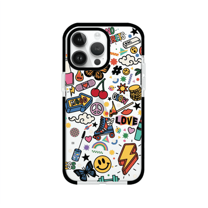 Funda personalizada para iPhone con diseño de stickers coloridos estilo pop art, con mensajes como 'Love', 'Glow', 'Mood' y 'No Regrets', ideal para vibes positivas; producto de Remark MX