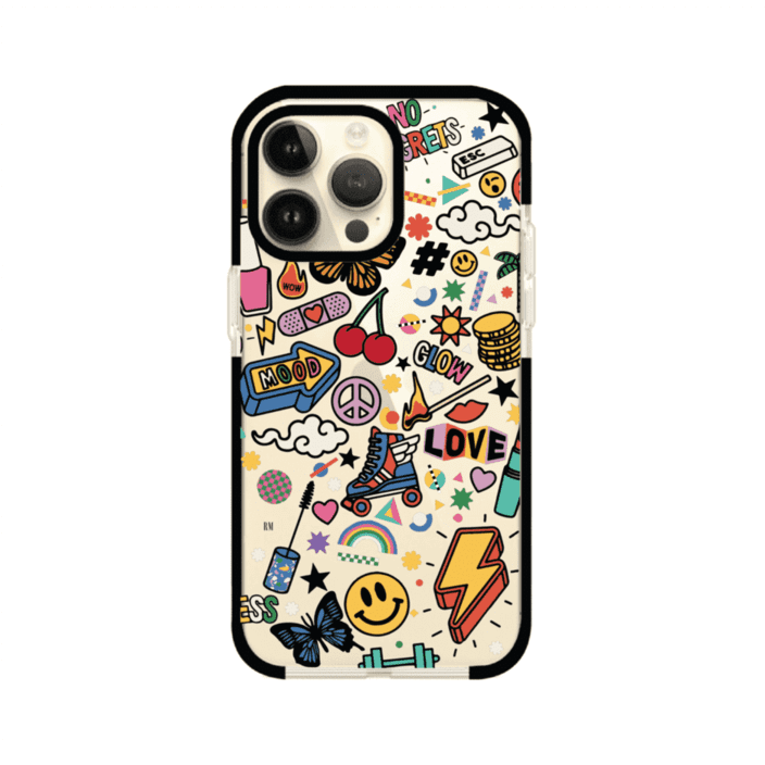 Funda personalizada para iPhone con diseño de stickers coloridos estilo pop art, con mensajes como 'Love', 'Glow', 'Mood' y 'No Regrets', ideal para vibes positivas; producto de Remark MX