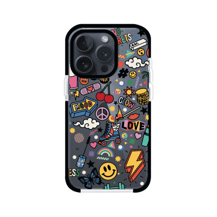 Funda personalizada para iPhone con diseño de stickers coloridos estilo pop art, con mensajes como 'Love', 'Glow', 'Mood' y 'No Regrets', ideal para vibes positivas; producto de Remark MX