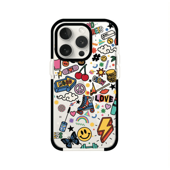 Funda personalizada para iPhone con diseño de stickers coloridos estilo pop art, con mensajes como 'Love', 'Glow', 'Mood' y 'No Regrets', ideal para vibes positivas; producto de Remark MX