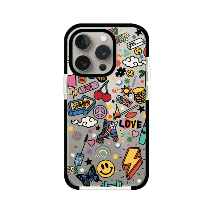 Funda personalizada para iPhone con diseño de stickers coloridos estilo pop art, con mensajes como 'Love', 'Glow', 'Mood' y 'No Regrets', ideal para vibes positivas; producto de Remark MX