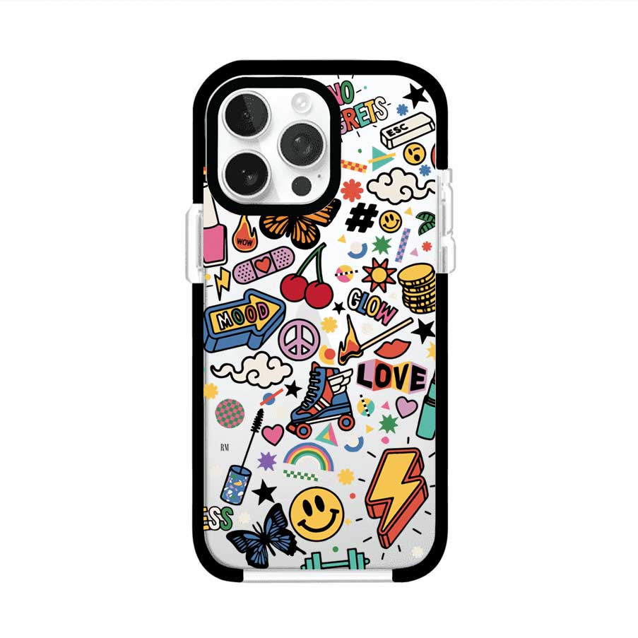 Funda personalizada para iPhone con diseño de stickers coloridos estilo pop art, con mensajes como 'Love', 'Glow', 'Mood' y 'No Regrets', ideal para vibes positivas; producto de Remark MX