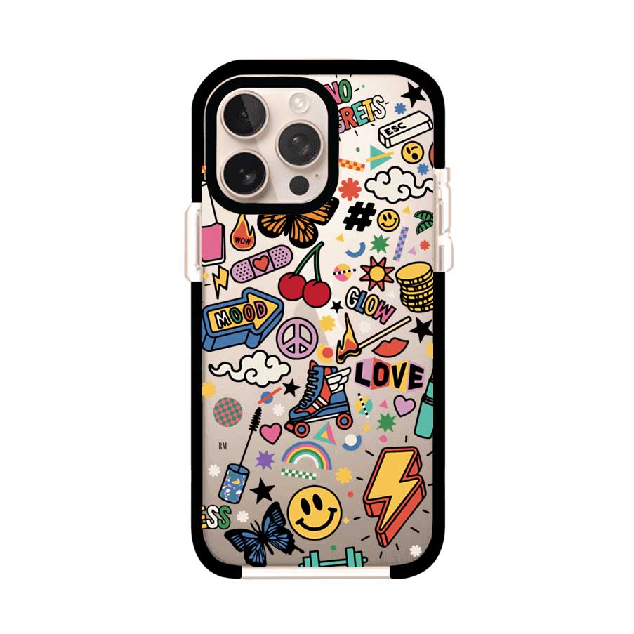 Funda personalizada para iPhone con diseño de stickers coloridos estilo pop art, con mensajes como 'Love', 'Glow', 'Mood' y 'No Regrets', ideal para vibes positivas; producto de Remark MX