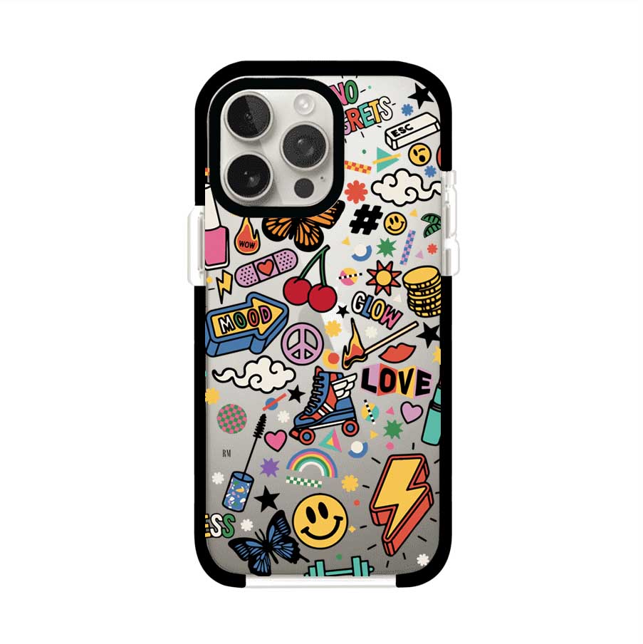Funda personalizada para iPhone con diseño de stickers coloridos estilo pop art, con mensajes como 'Love', 'Glow', 'Mood' y 'No Regrets', ideal para vibes positivas; producto de Remark MX