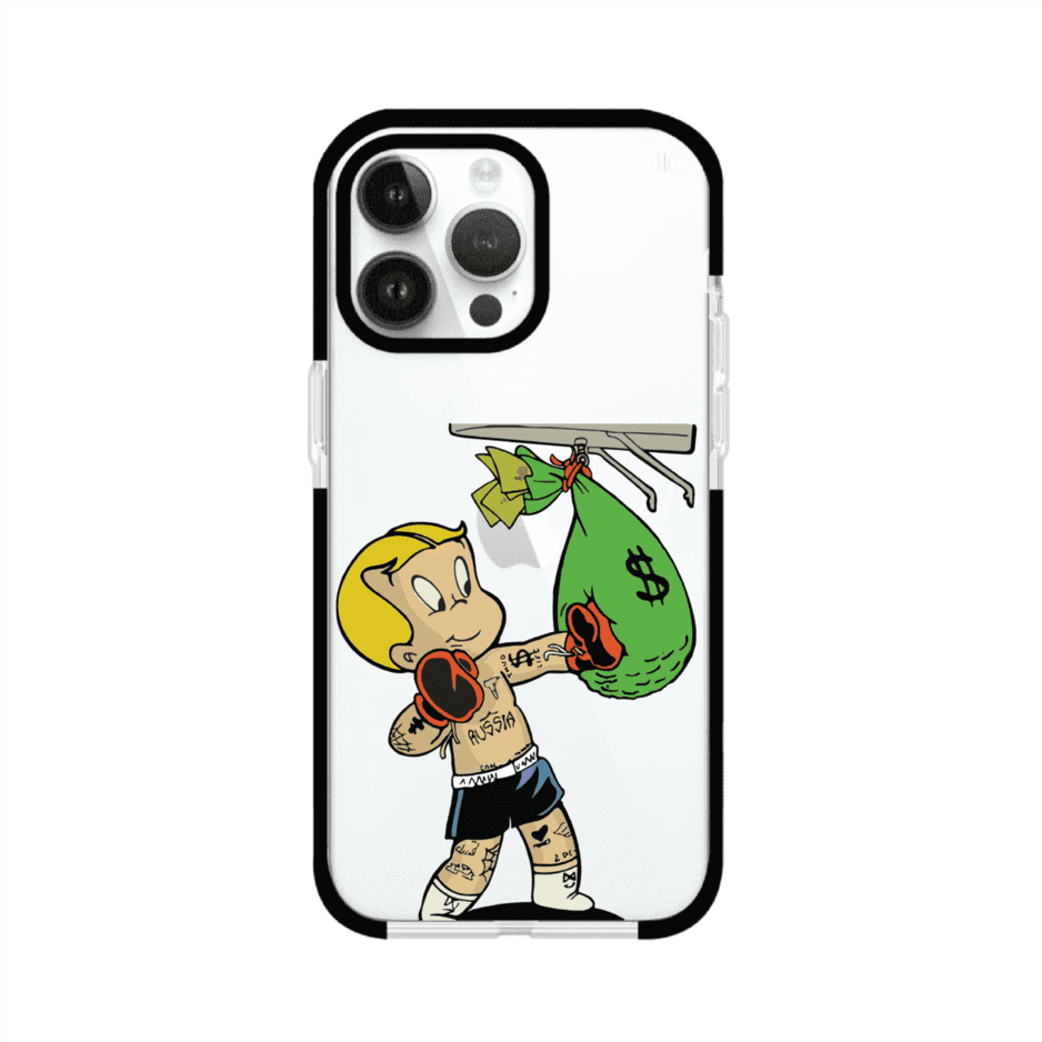 Funda para iPhone con dibujo de Richie Rich como boxeador sosteniendo una bolsa de dinero sobre fondo rojo – Remark Mx