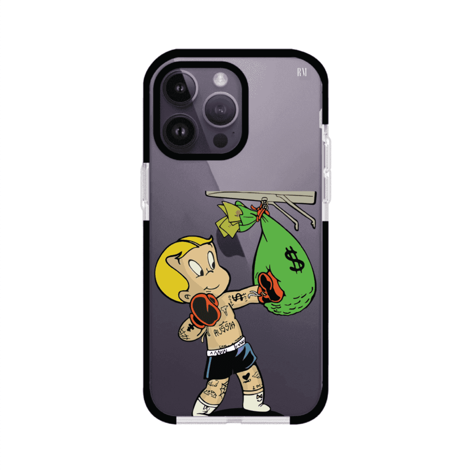 Funda para iPhone con dibujo de Richie Rich como boxeador sosteniendo una bolsa de dinero sobre fondo rojo – Remark Mx