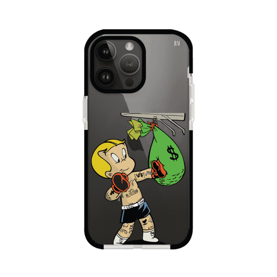Funda para iPhone con dibujo de Richie Rich como boxeador sosteniendo una bolsa de dinero sobre fondo rojo – Remark Mx