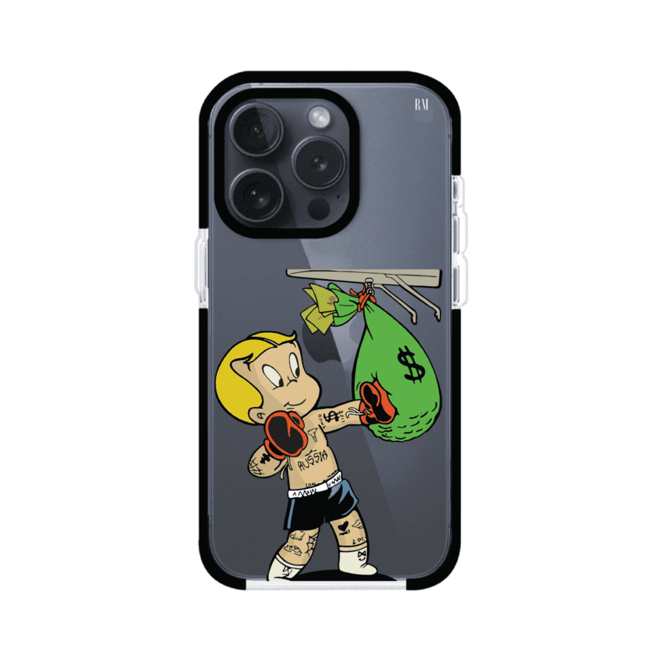 Funda para iPhone con dibujo de Richie Rich como boxeador sosteniendo una bolsa de dinero sobre fondo rojo – Remark Mx