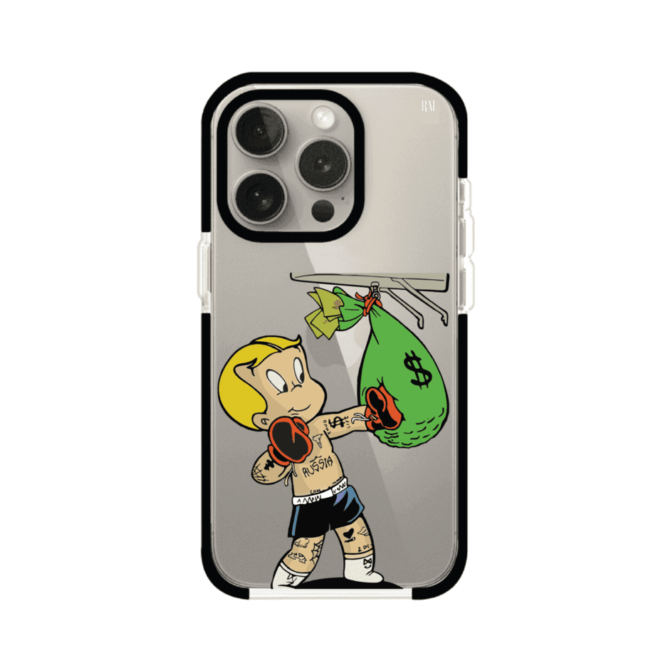 Funda para iPhone con dibujo de Richie Rich como boxeador sosteniendo una bolsa de dinero sobre fondo rojo – Remark Mx