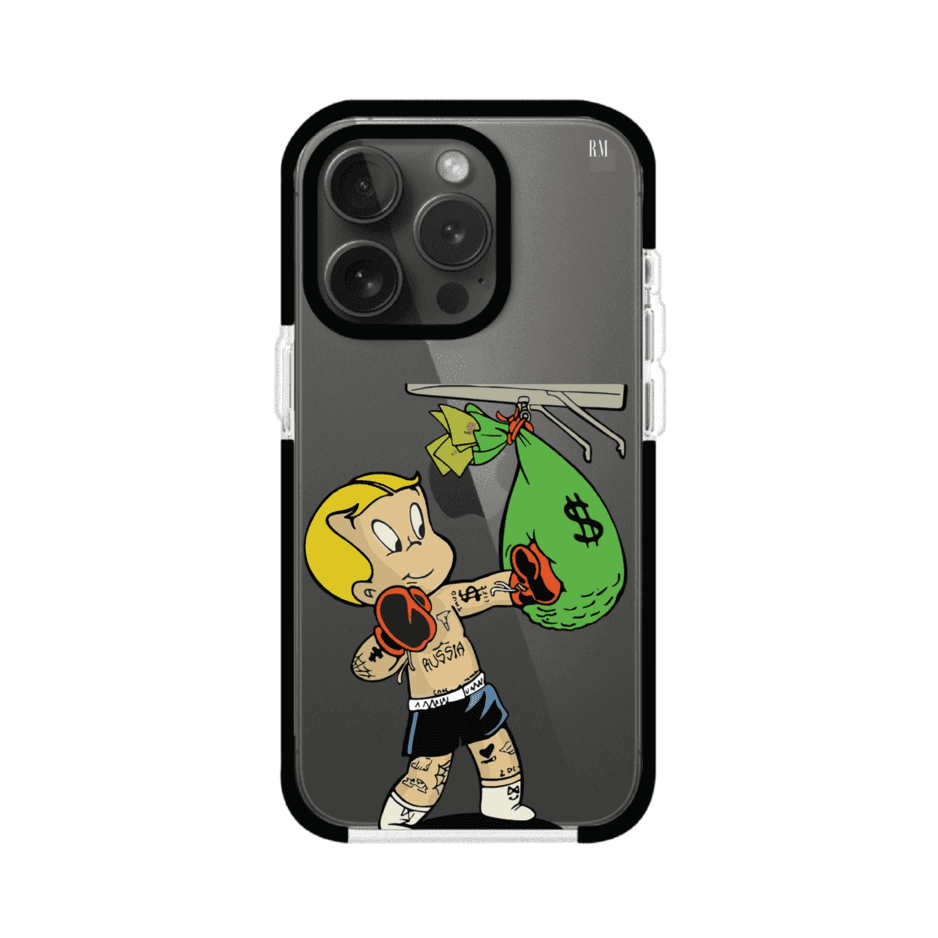 Funda para iPhone con dibujo de Richie Rich como boxeador sosteniendo una bolsa de dinero sobre fondo rojo – Remark Mx