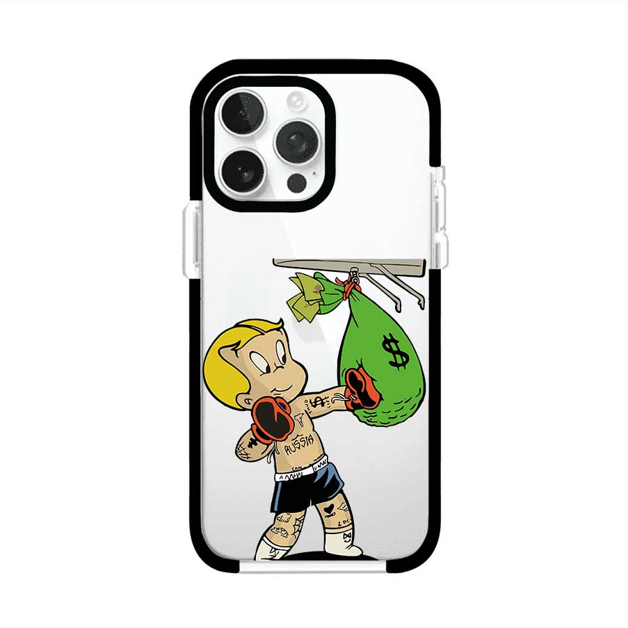 Funda para iPhone con dibujo de Richie Rich como boxeador sosteniendo una bolsa de dinero sobre fondo rojo – Remark Mx