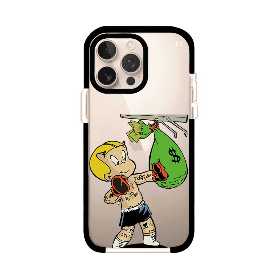 Funda para iPhone con dibujo de Richie Rich como boxeador sosteniendo una bolsa de dinero sobre fondo rojo – Remark Mx
