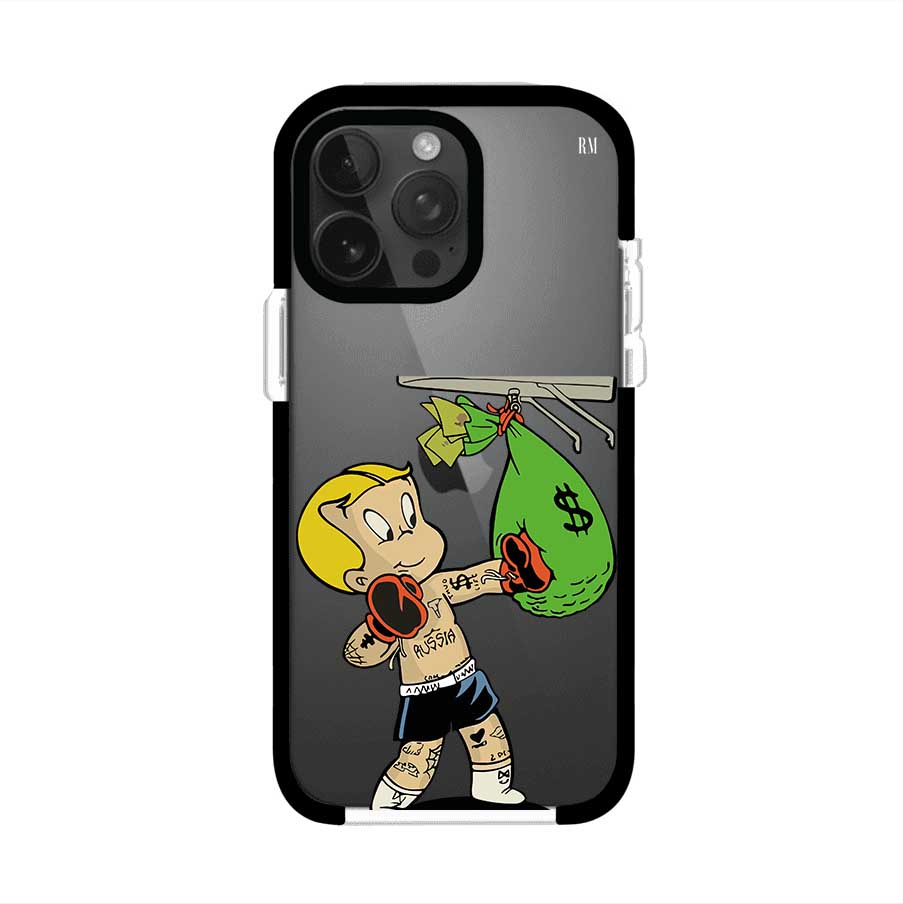 Funda para iPhone con dibujo de Richie Rich como boxeador sosteniendo una bolsa de dinero Remark Mx