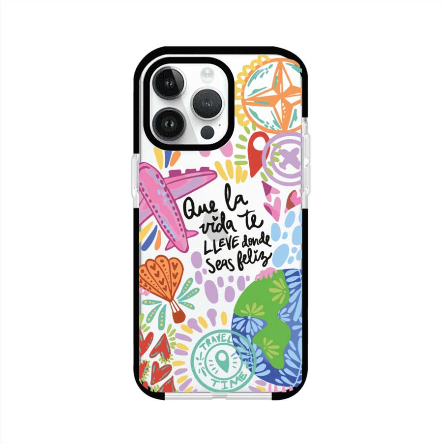 Funda para iPhone con diseño colorido de viaje, frases motivacionales y elementos como aviones, planeta y brújula – Remark Mx
