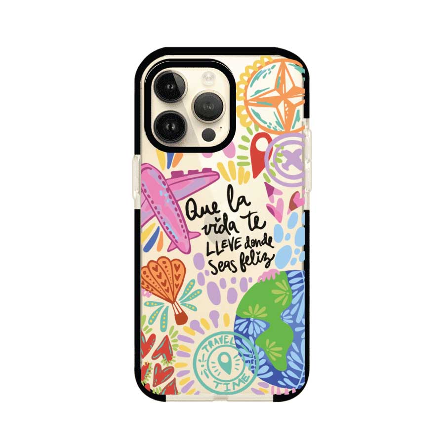 Funda para iPhone con diseño colorido de viaje, frases motivacionales y elementos como aviones, planeta y brújula – Remark Mx