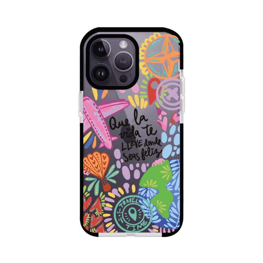 Funda para iPhone con diseño colorido de viaje, frases motivacionales y elementos como aviones, planeta y brújula – Remark Mx