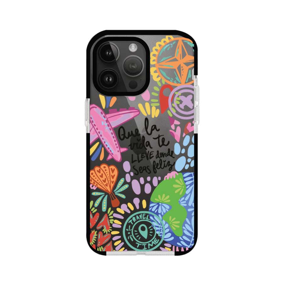 Funda para iPhone con diseño colorido de viaje, frases motivacionales y elementos como aviones, planeta y brújula – Remark Mx