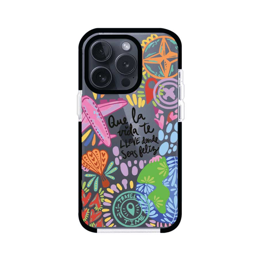 Funda para iPhone con diseño colorido de viaje, frases motivacionales y elementos como aviones, planeta y brújula – Remark Mx