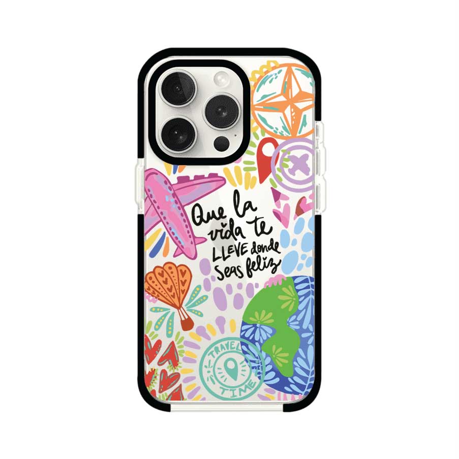 Funda para iPhone con diseño colorido de viaje, frases motivacionales y elementos como aviones, planeta y brújula – Remark Mx