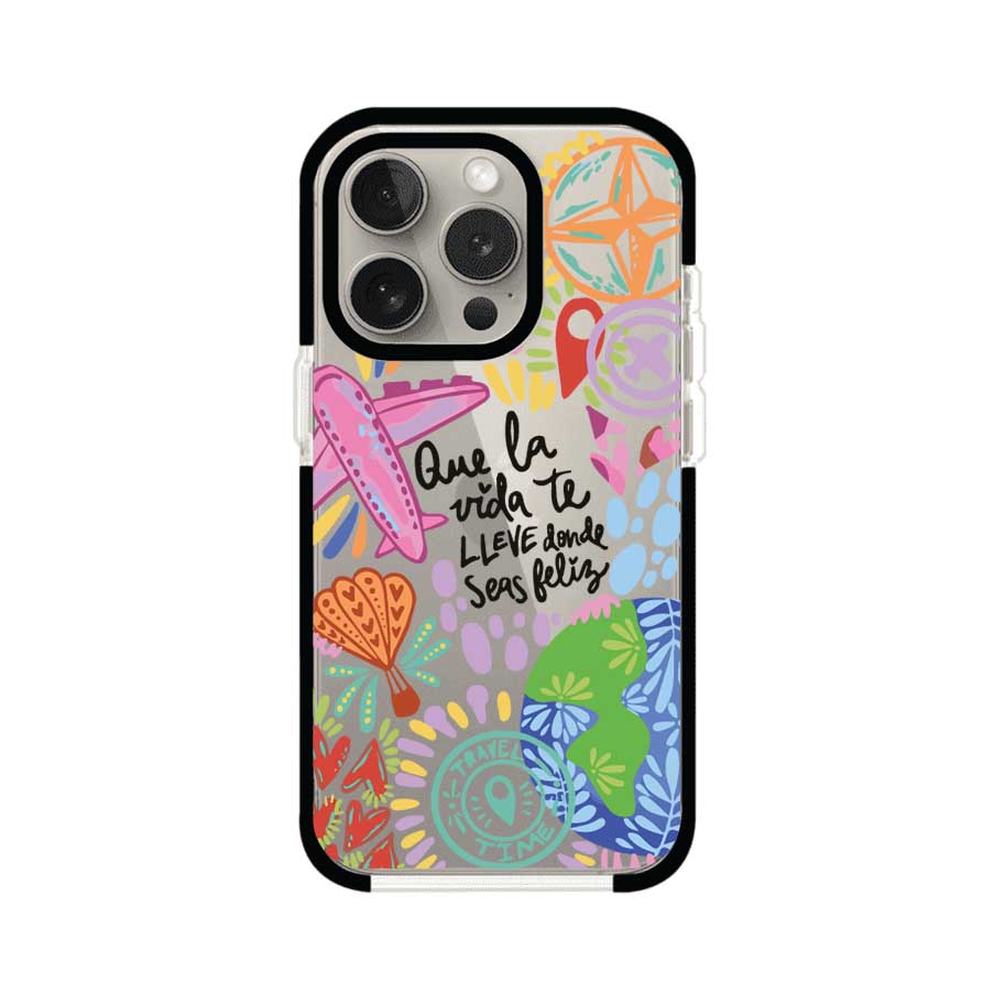 Funda para iPhone con diseño colorido de viaje, frases motivacionales y elementos como aviones, planeta y brújula – Remark Mx
