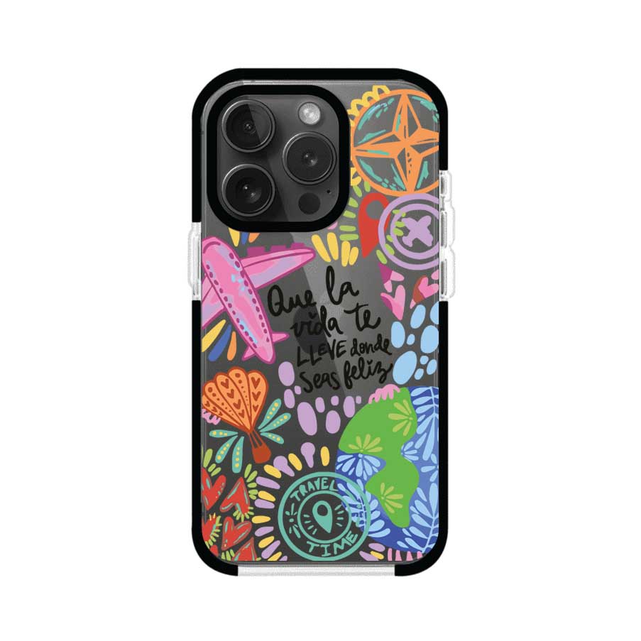 Funda para iPhone con diseño colorido de viaje, frases motivacionales y elementos como aviones, planeta y brújula – Remark Mx