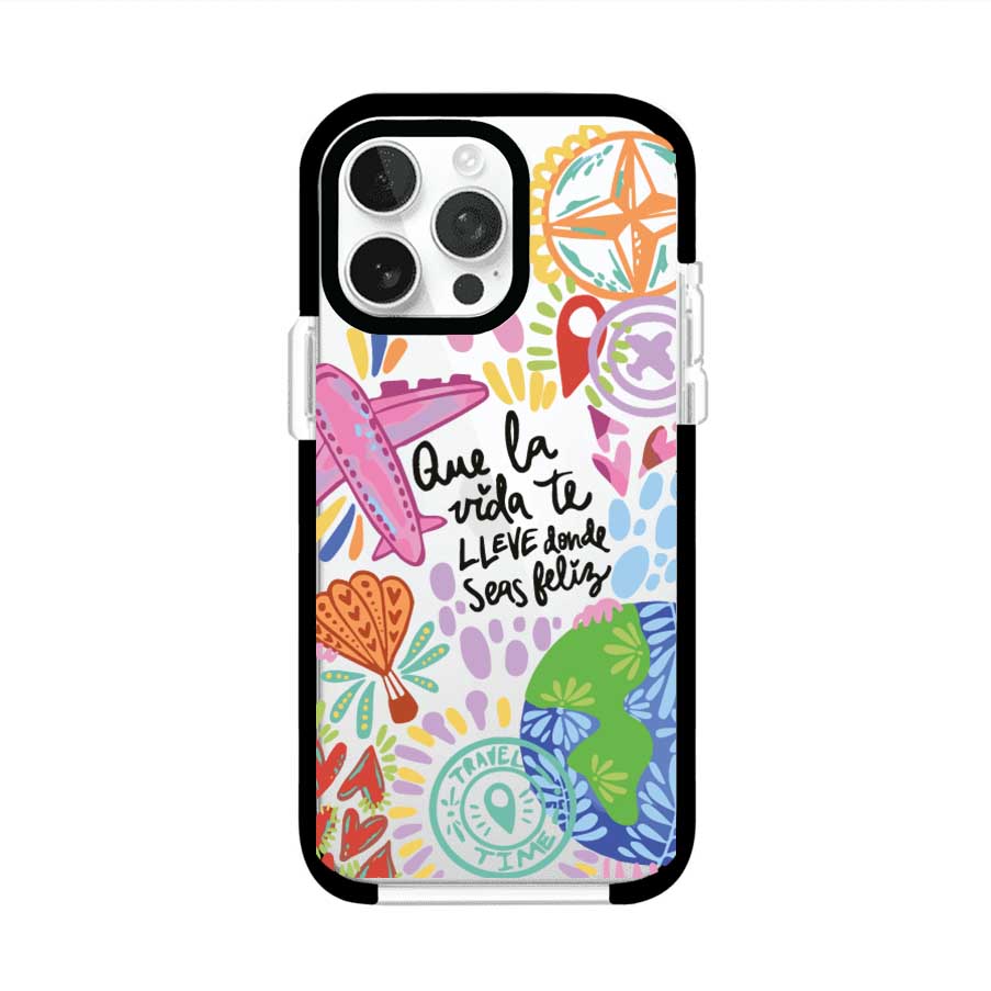 Funda para iPhone con diseño colorido de viaje, frases motivacionales y elementos como aviones, planeta y brújula – Remark Mx