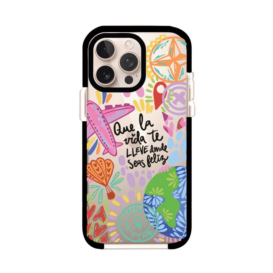 Funda para iPhone con diseño colorido de viaje, frases motivacionales y elementos como aviones, planeta y brújula – Remark Mx