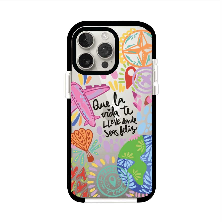 Funda para iPhone con diseño colorido de viaje, frases motivacionales y elementos como aviones, planeta y brújula – Remark Mx