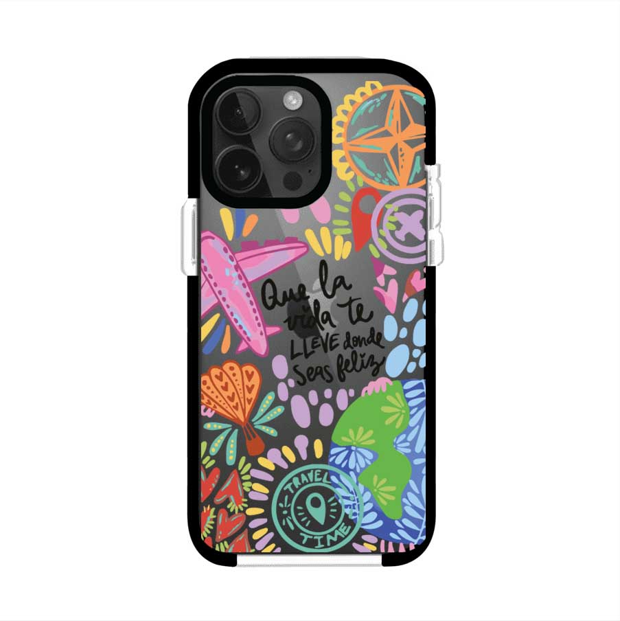 Funda para iPhone con diseño colorido de viaje, frases motivacionales y elementos como aviones, planeta y brújula – Remark Mx