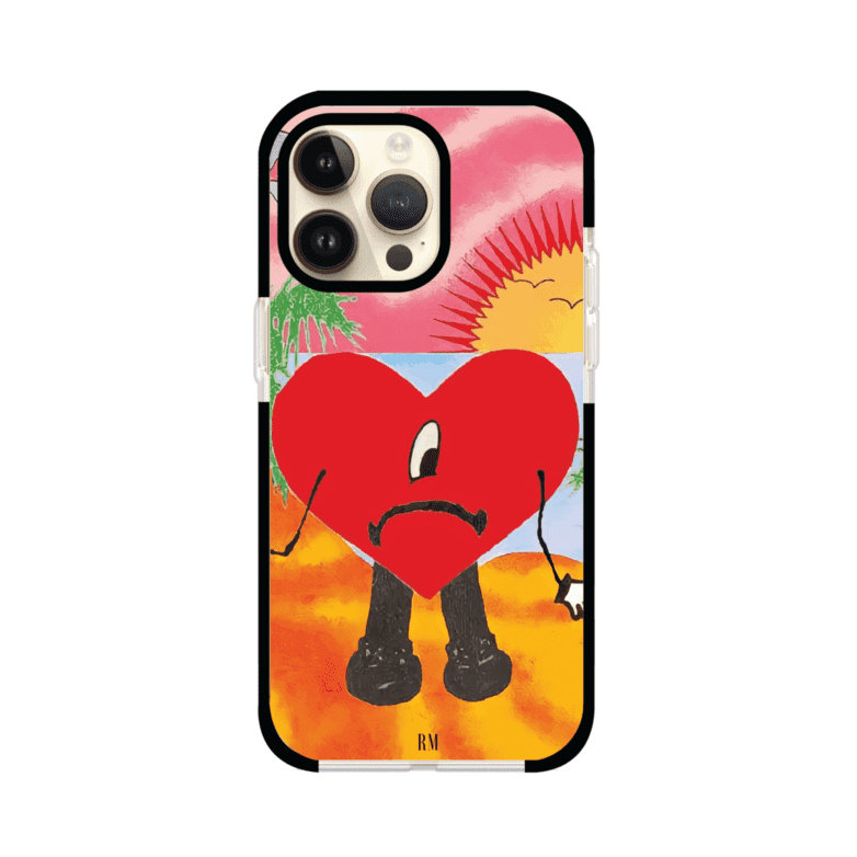 Funda para iPhone inspirada en el álbum "Un Verano Sin Ti" de Bad Bunny. Diseño con fondo de playa, palmeras, atardecer, delfines y el icónico corazón triste con piernas. Estilo colorido, urbano y veraniego. Producto de Remark Mx