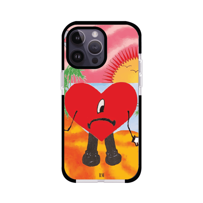 Funda para iPhone inspirada en el álbum "Un Verano Sin Ti" de Bad Bunny. Diseño con fondo de playa, palmeras, atardecer, delfines y el icónico corazón triste con piernas. Estilo colorido, urbano y veraniego. Producto de Remark Mx